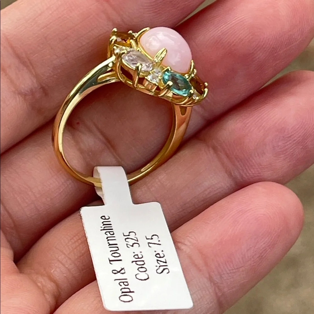 18k Gold Plated over 925 Sterling Silver Pink Opal & Tourmaline Ring Size 7.5